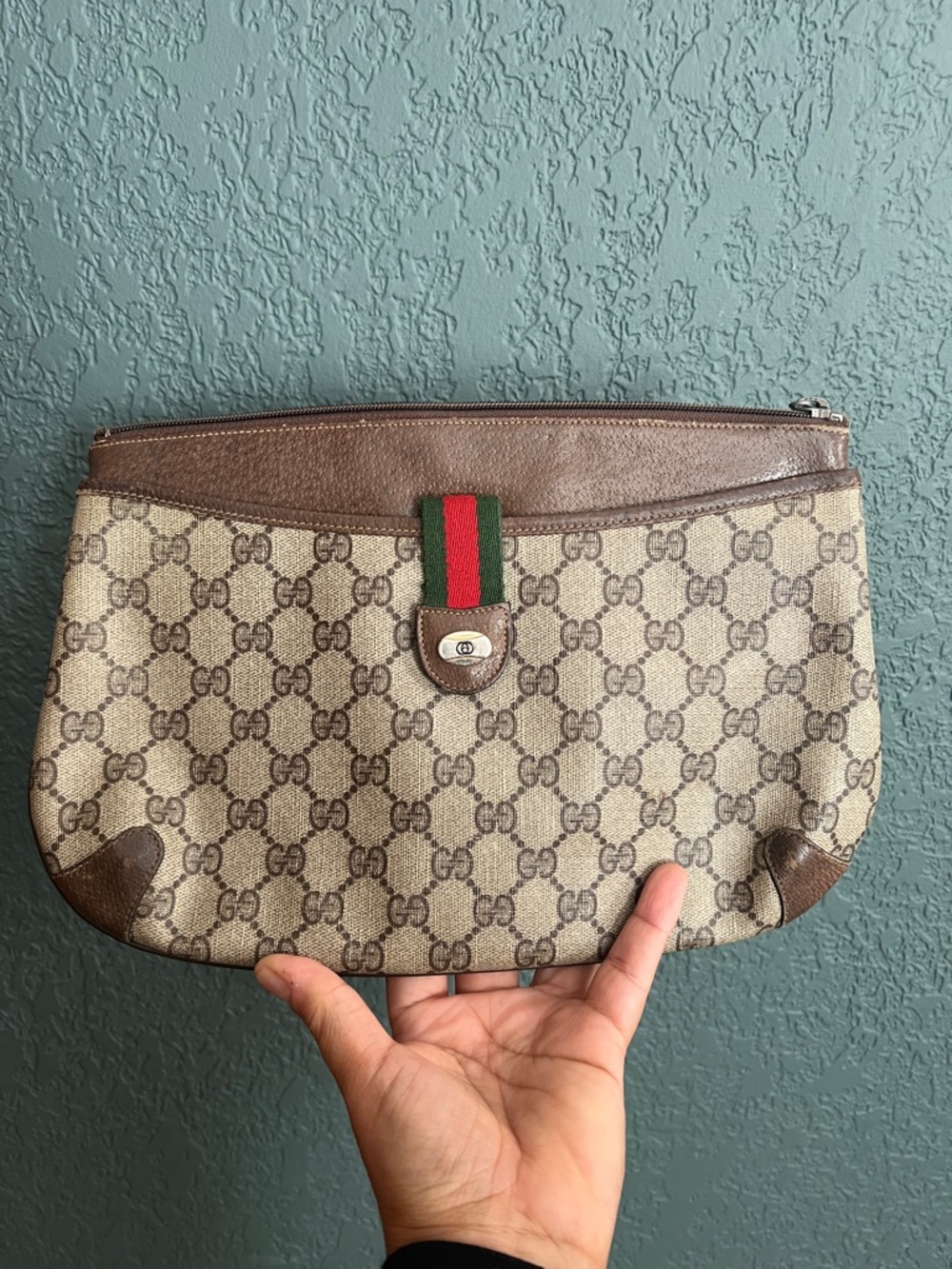 Gucci Brown GG Canvas Toiletry Pouch with Green-Red Web